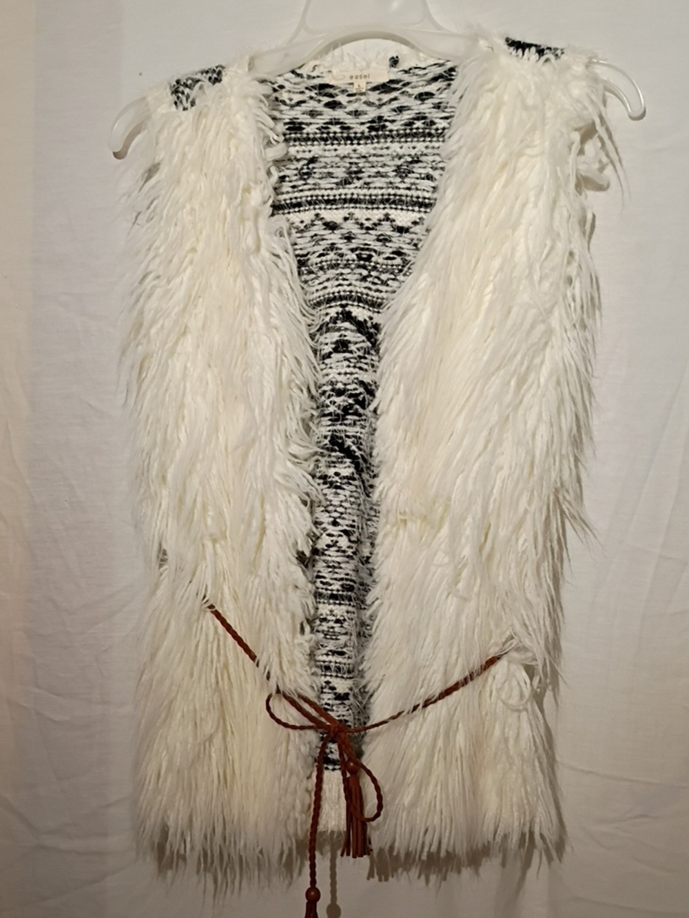 easel Cream Faux Fur Sleeveless Vest with Brown Faux Leather Tassel Belt, 12,